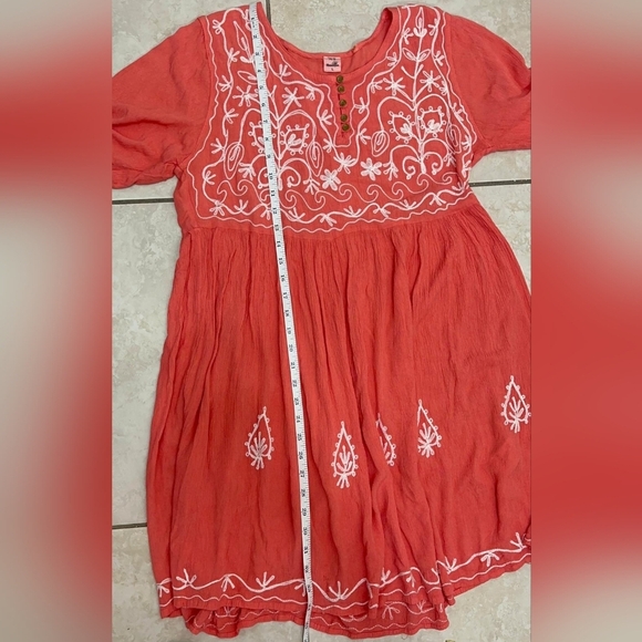 Pink and White Ruffled Tiered Sundress with Bell Sleeves Embroidered. - Picture 11 of 12